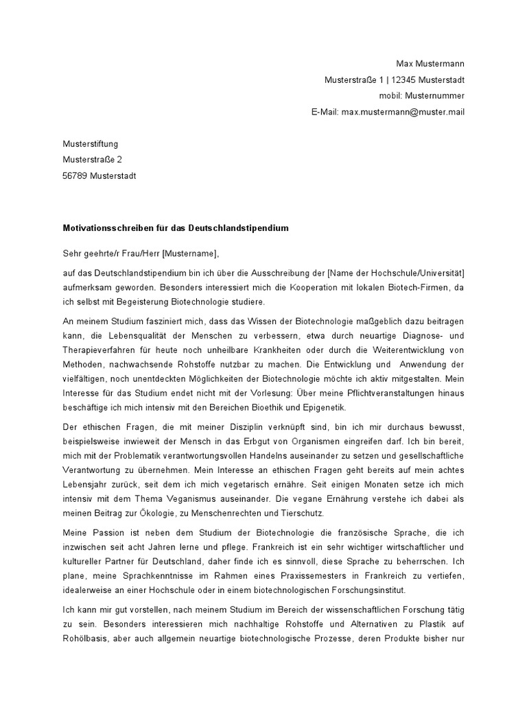 Muster Motivationsschreiben Deutschlandstipendium PDF | PDF