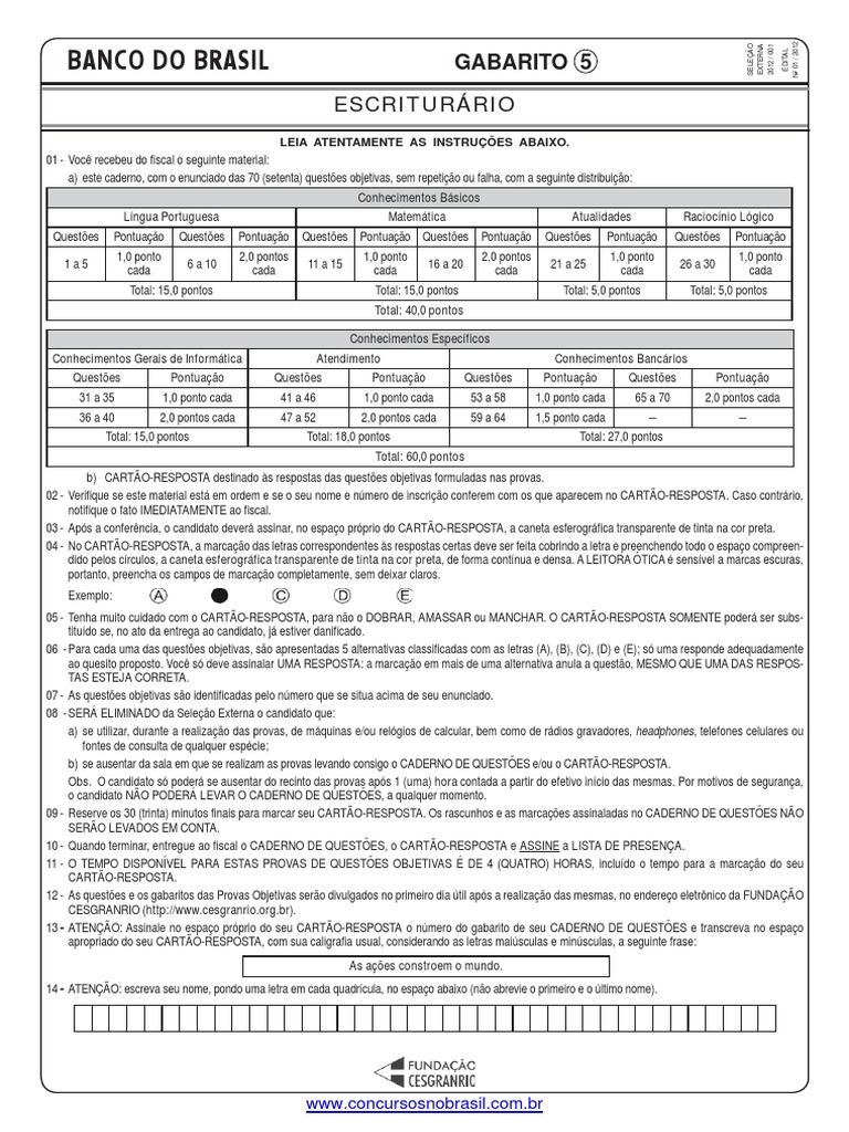 Banco Do Brasil Escriturario Prova Gabarito 5 Cesgranrio 2012 PDF | PDF ...