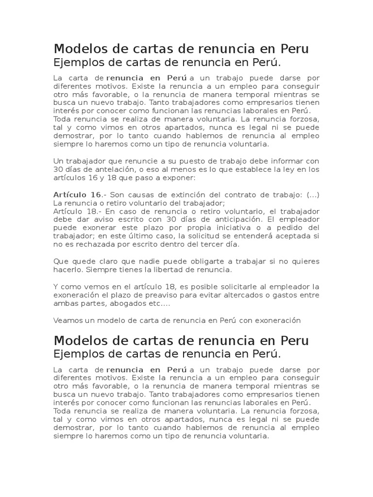 Modelo De Carta De Renuncia De Trabajo Peru