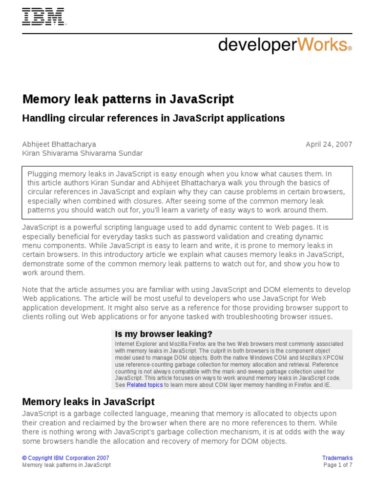 Memory Leaks in JS - IBM PDF | PDF | Java Script | Document Object Model
