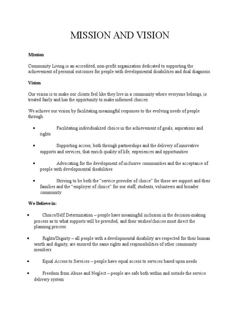 Community Living Mission & Vision Statement | PDF | Social Science