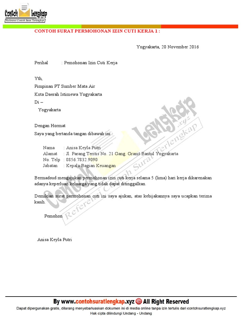 Contoh Surat Cuti Kerja Tanpa Gaji Nusagates