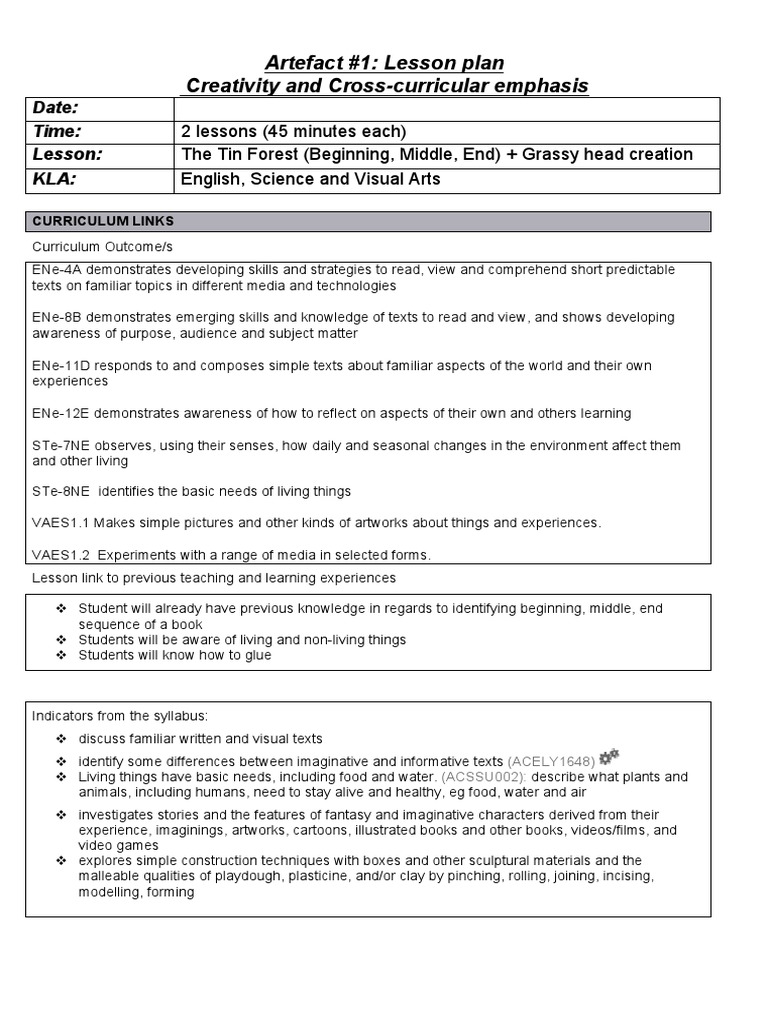 Artefact 1 Lesson Plan The Tin Forest PDF Lesson Plan Curriculum