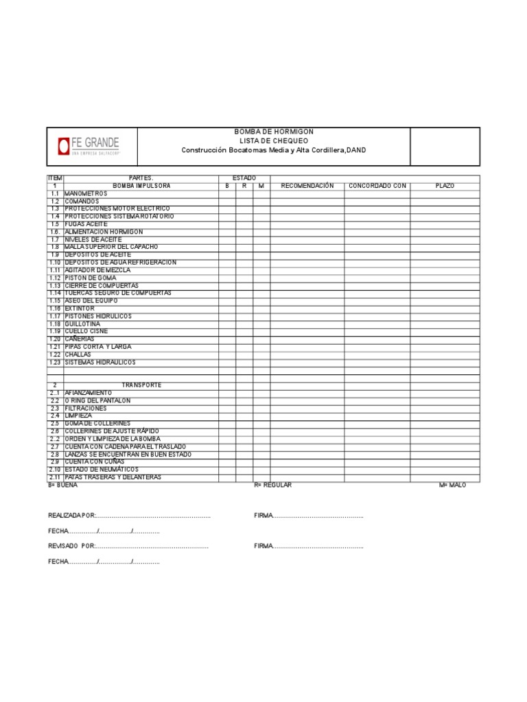 Check List, Sobre Bomba Hormigones Schwing.