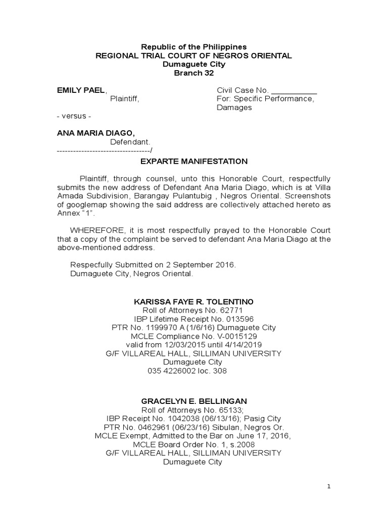 Ex Parte Manifestation in Civil Case | PDF