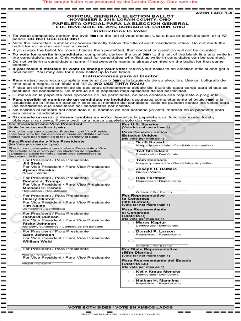 Avon Lake Sample Ballot Vicepresidente de los Estados Unidos Juez