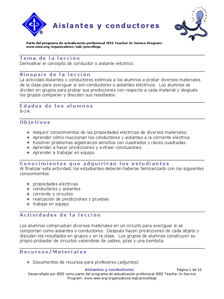 Actividad sobre conductores y aislantes | PDF | Aislador (Electricidad ...