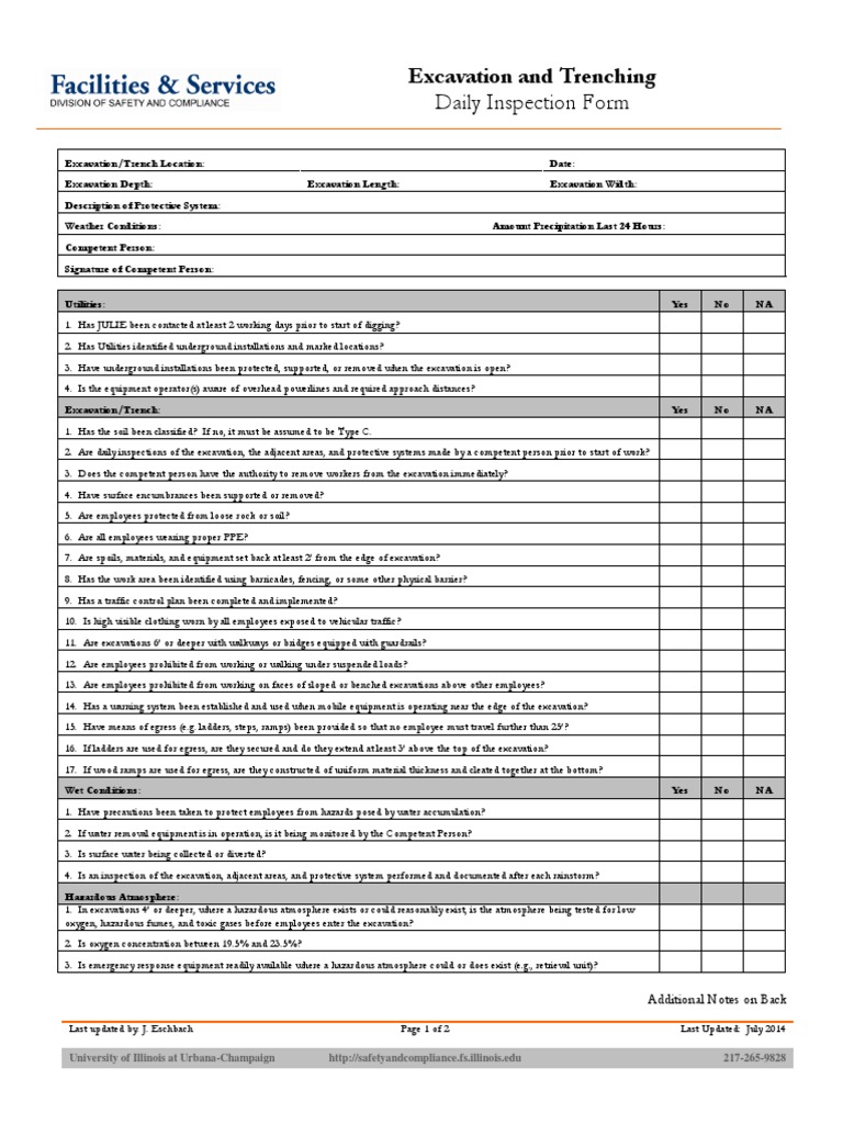Daily Excavation Inspection Checklist | PDF | Excavation (Archaeology ...