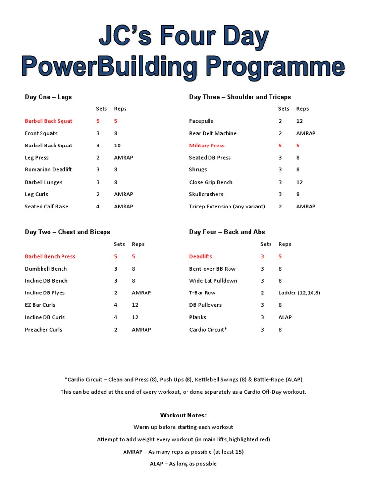4-Day Powerbuilding Workout Plan | PDF | History