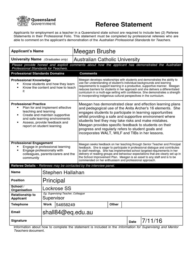 Meegan Referee Statement Steve | PDF | Teachers | Sharing