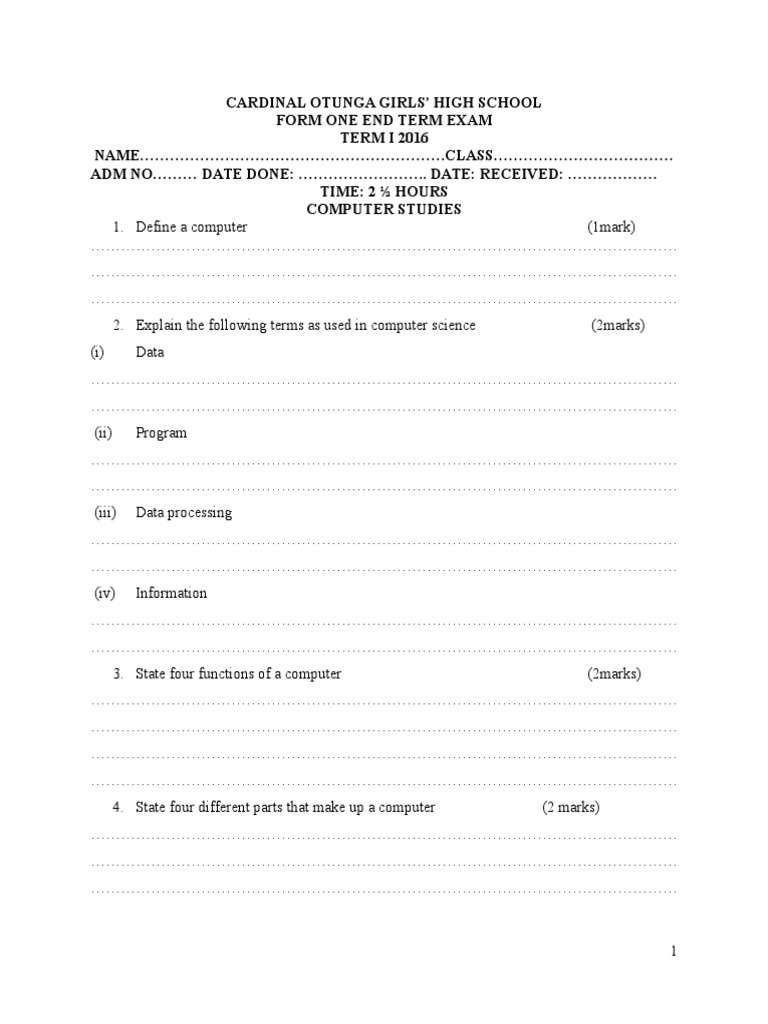 Form one computer exam areas of computer science computer hardware