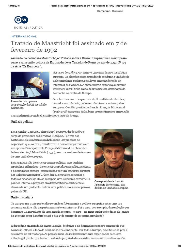 24. Tratado de Maastricht Foi Assinado Em 7 de Fevereiro de 1992 Europa Alemanha