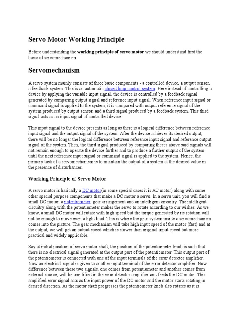 Servo Motor Working Principle PDF Servomechanism Electricity