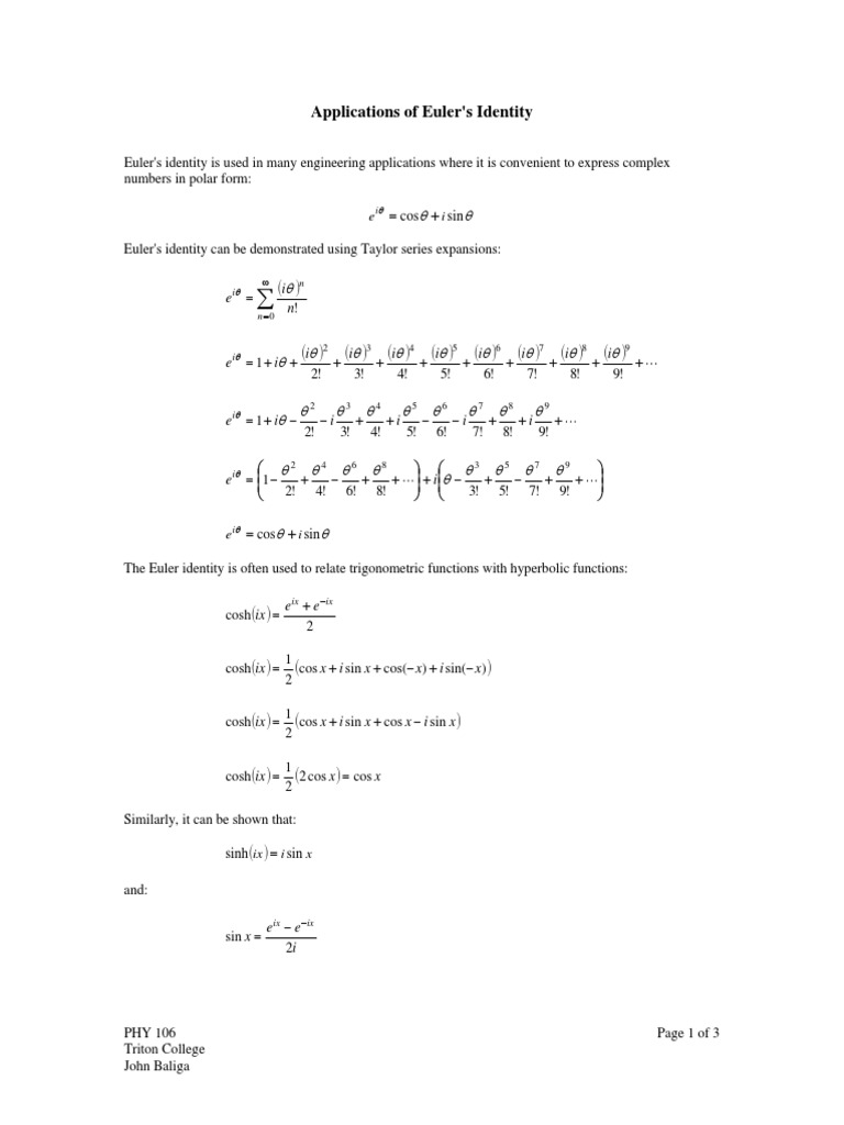 Applications of Euler's Identity | PDF | Trigonometric Functions | Sine