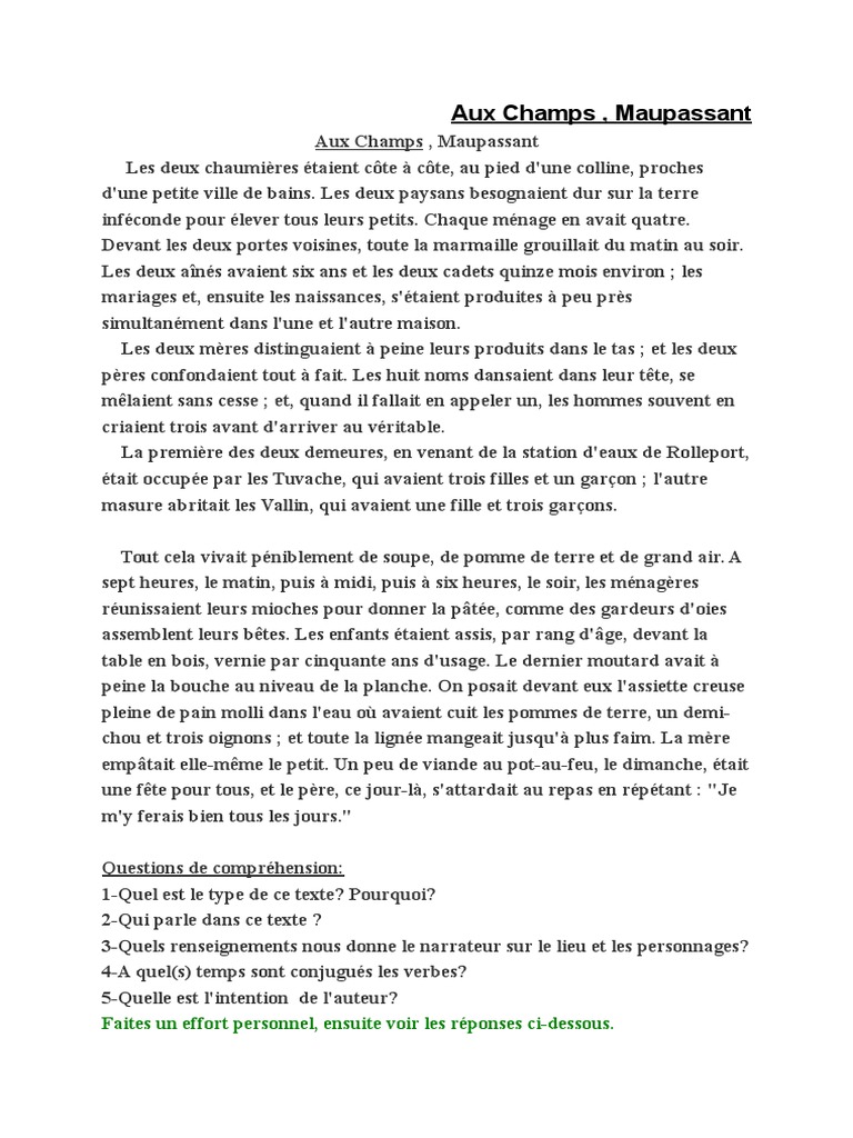 Aux Champs Maupassant Faites Un Effort Personnel Ensuite Voir Les Reponses Ci Dessous Nourritures
