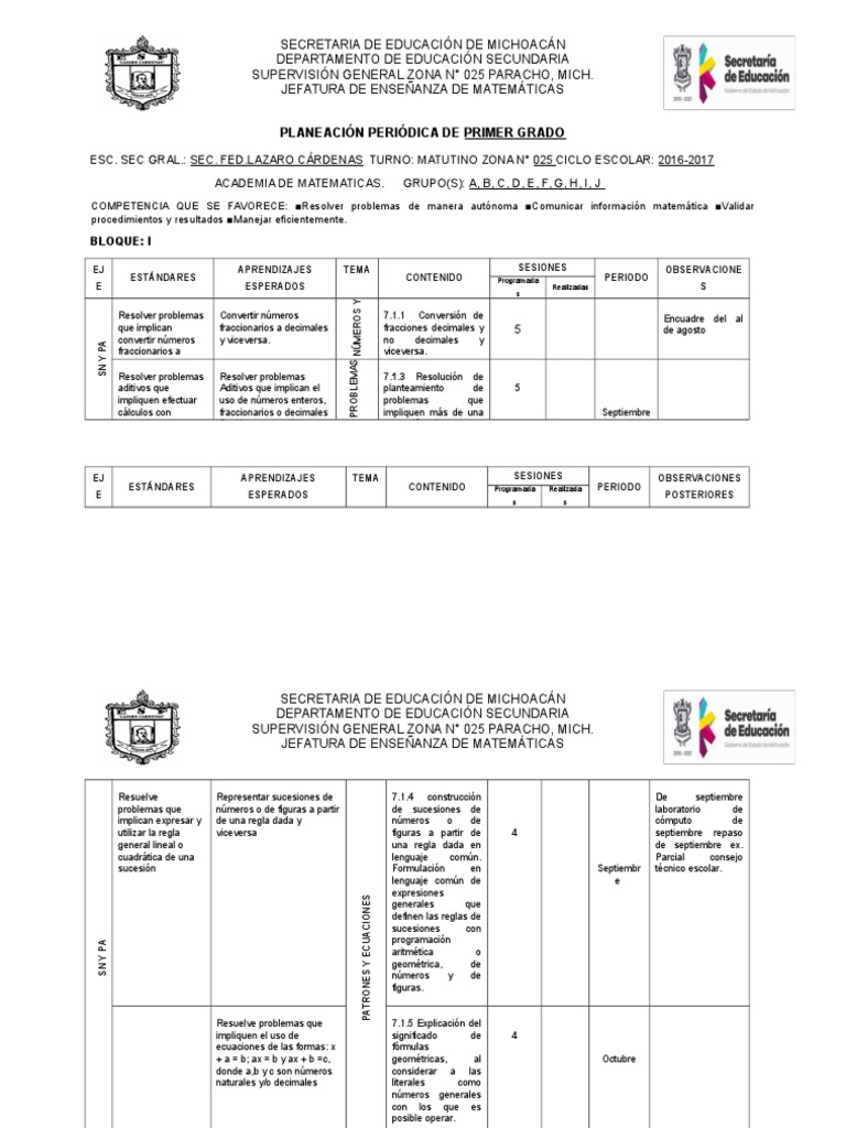 Planeación Matemática Primer Grado 2016-2017 | PDF | División ...