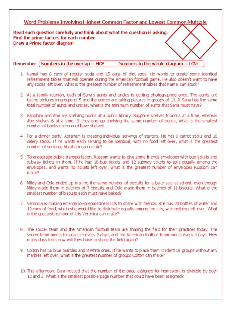 Hcf Lcm Word Problems Worksheets Class 5 Maths Practice Question