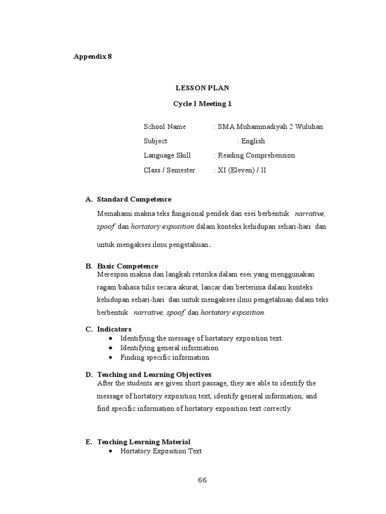English Lesson Plan: Hortatory Exposition | PDF | Educational ...