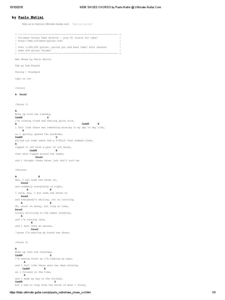 NEW SHOES CHORDS by Paolo Nutini at UltimateGuitar PDF Songs Leisure