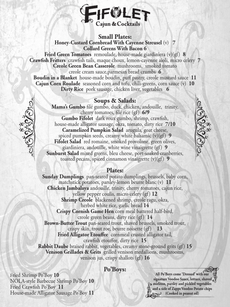Fifolet Menu in Wicker Park Louisiana Creole Cuisine Cajun Cuisine