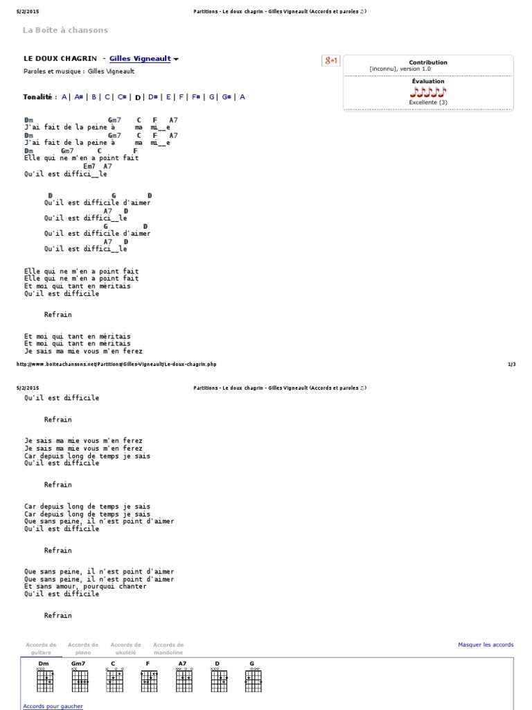 Paroles Je T aimais Je T aime Et Je T aimerai Tab Partitions - Le Doux Chagrin - Gilles Vigneault (Accords Et Paroles ) | PDF
