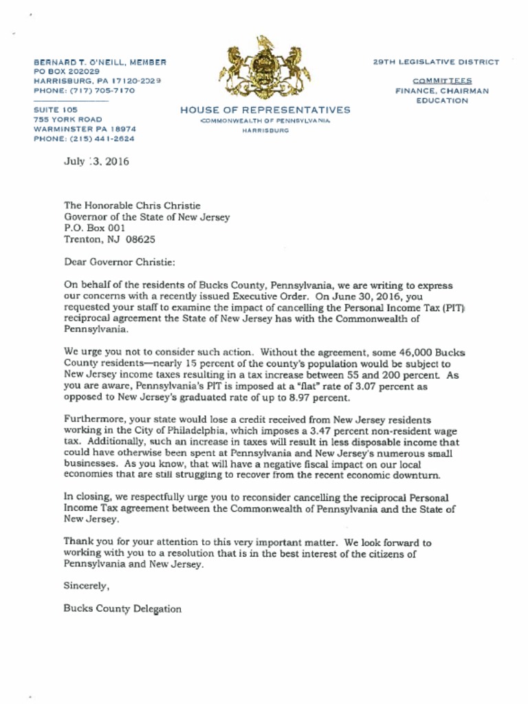 Reciprocity Letters To New Jersey Governor PDF Pennsylvania New
