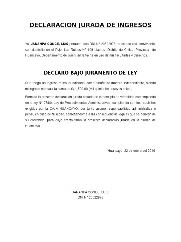 Declaración Jurada de Ingresos Mensuales | PDF
