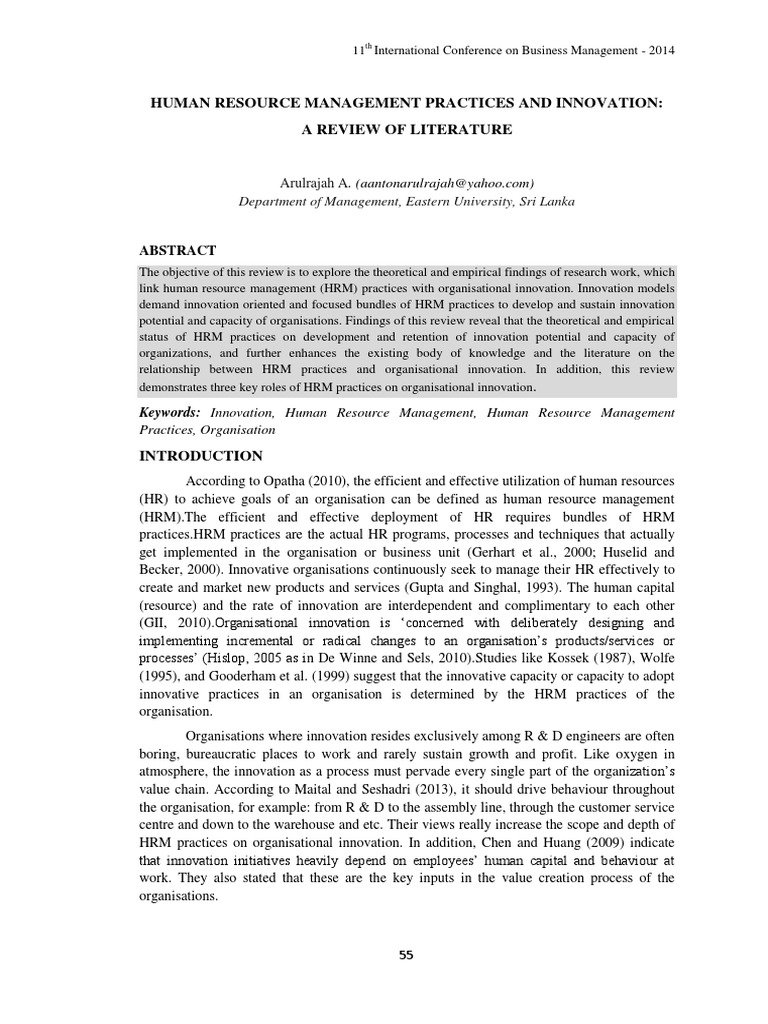 Human Resource Management Practices and Innovation A Review of ...
