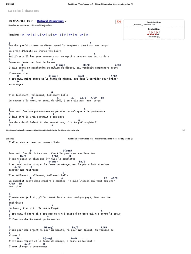 Pour Que Tu M Aimes Encore Accords Partitions - Tu M'aimes-Tu - Richard Desjardins (Accords Et Paroles ) | PDF