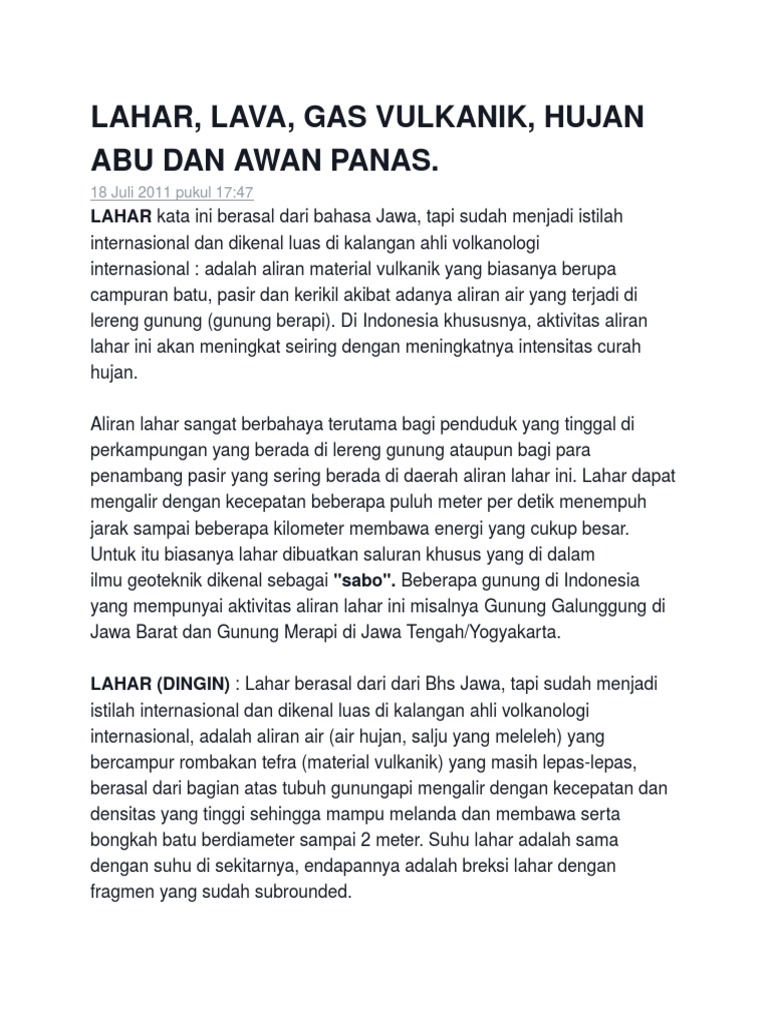 Lahar Lava Gas Vulkanik Hujan  Abu Dan Awan Panas 