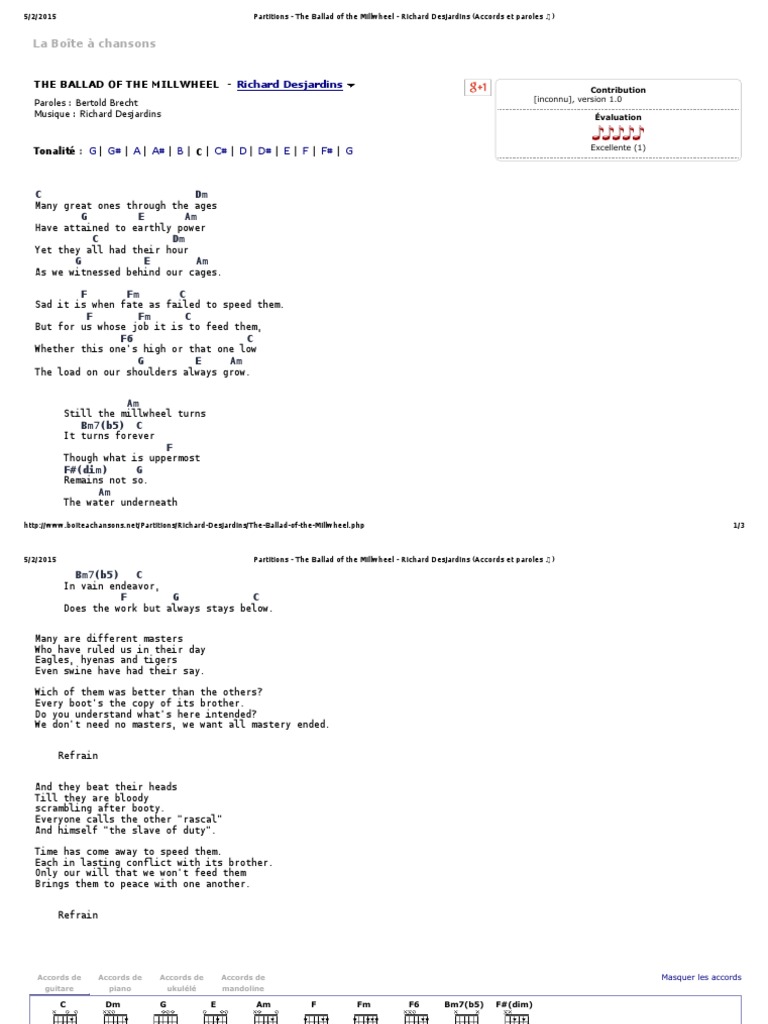 Partitions The Ballad of The Millwheel Richard Desjardins (Accords