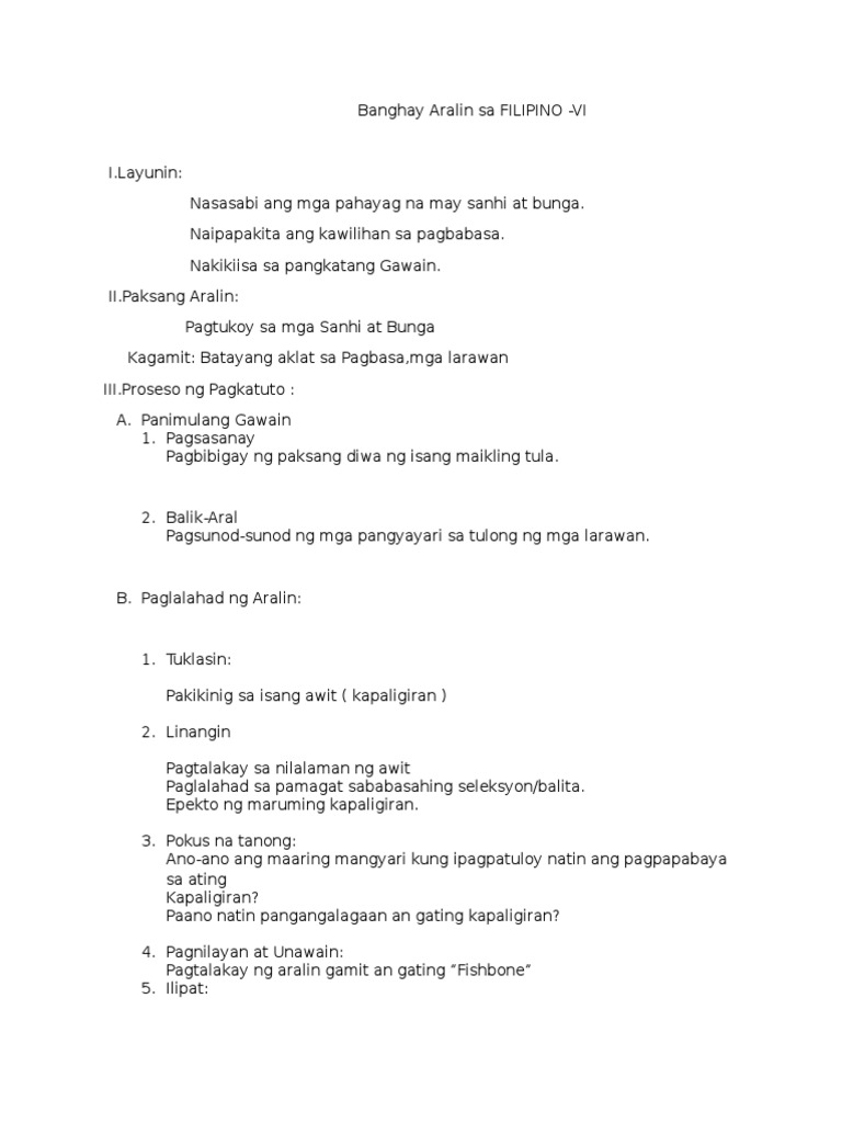 Banghay Aralin Sa Filipino 6 Pagtukoy Sa Mga Sanhi At Bunga Pdf