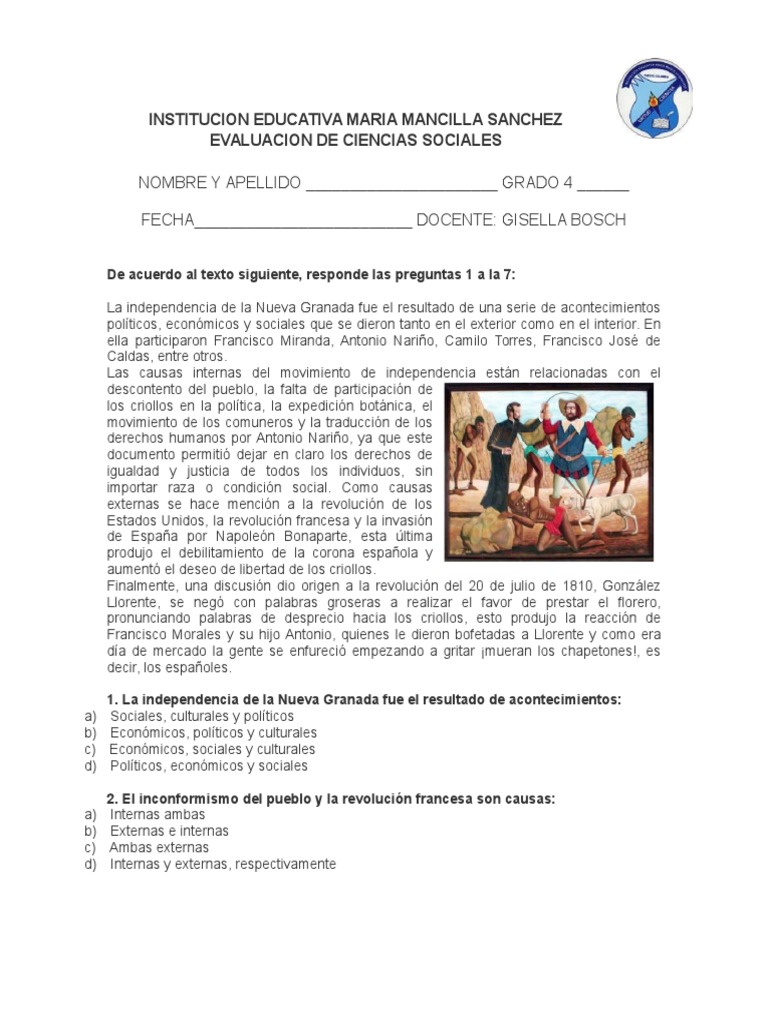 Taller para La Evaluacion de Sociales Grado 4 | PDF | Pobreza | Pobreza ...