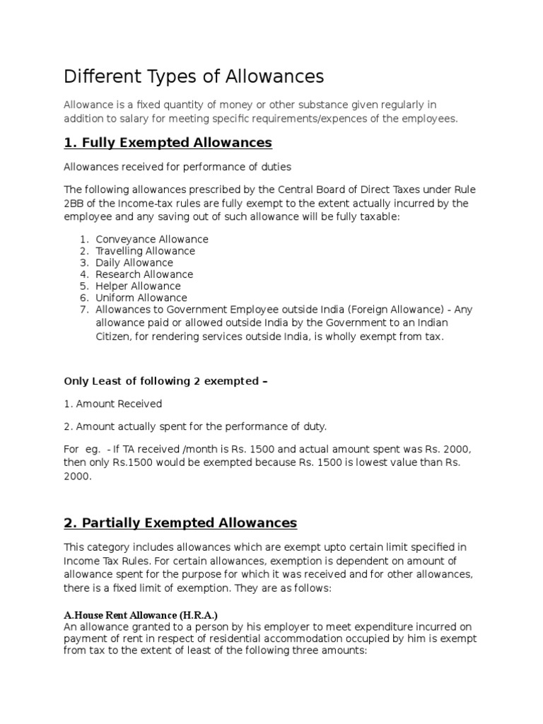 Different Types of Allowances | PDF | Expense | Overtime