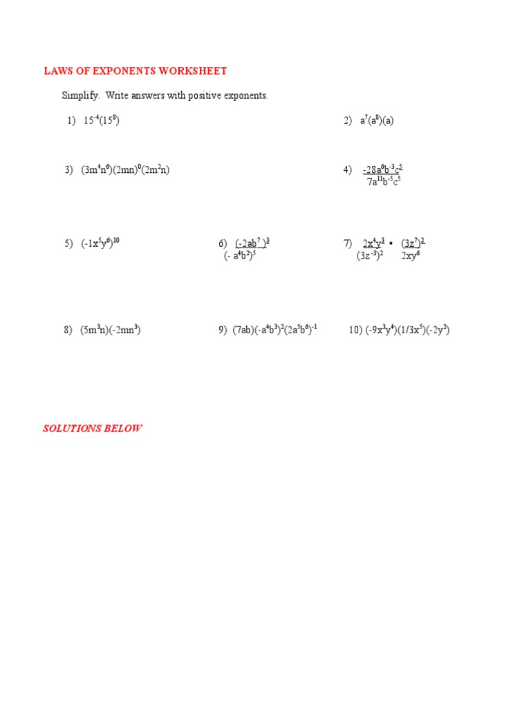 Laws of Exponents Worksheet | PDF