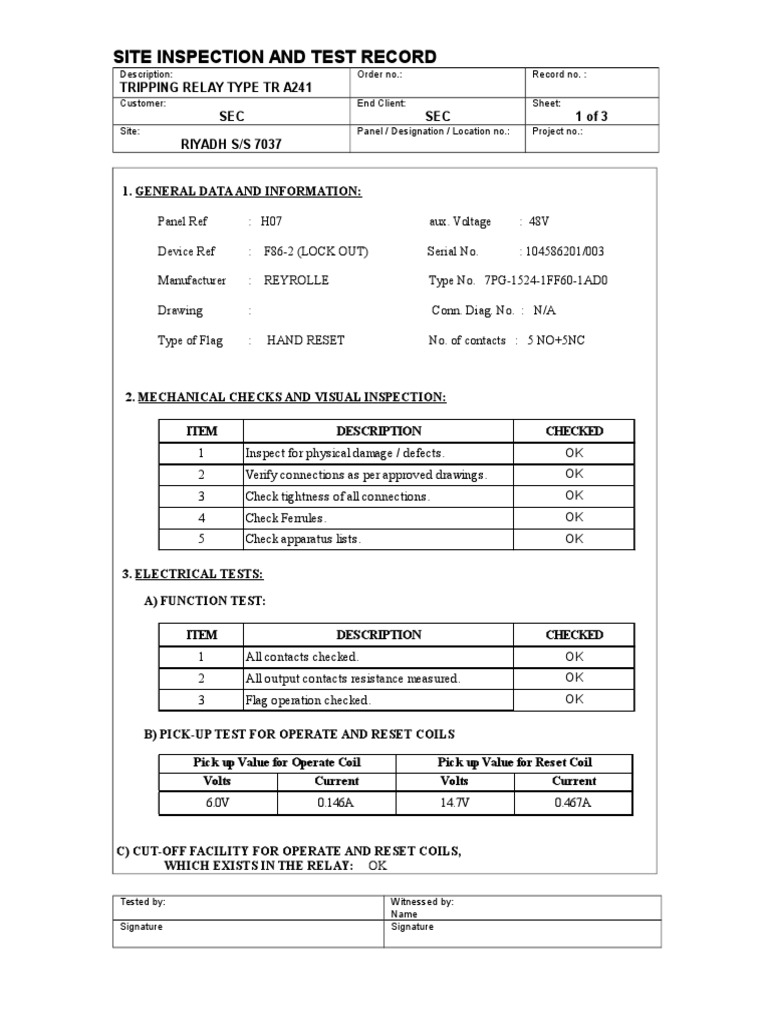 TR A241 Relay Inspection Record | PDF