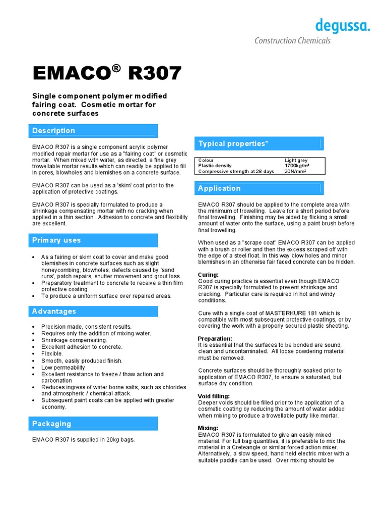 Tds - Emaco r307 | PDF | Mortar (Masonry) | Concrete