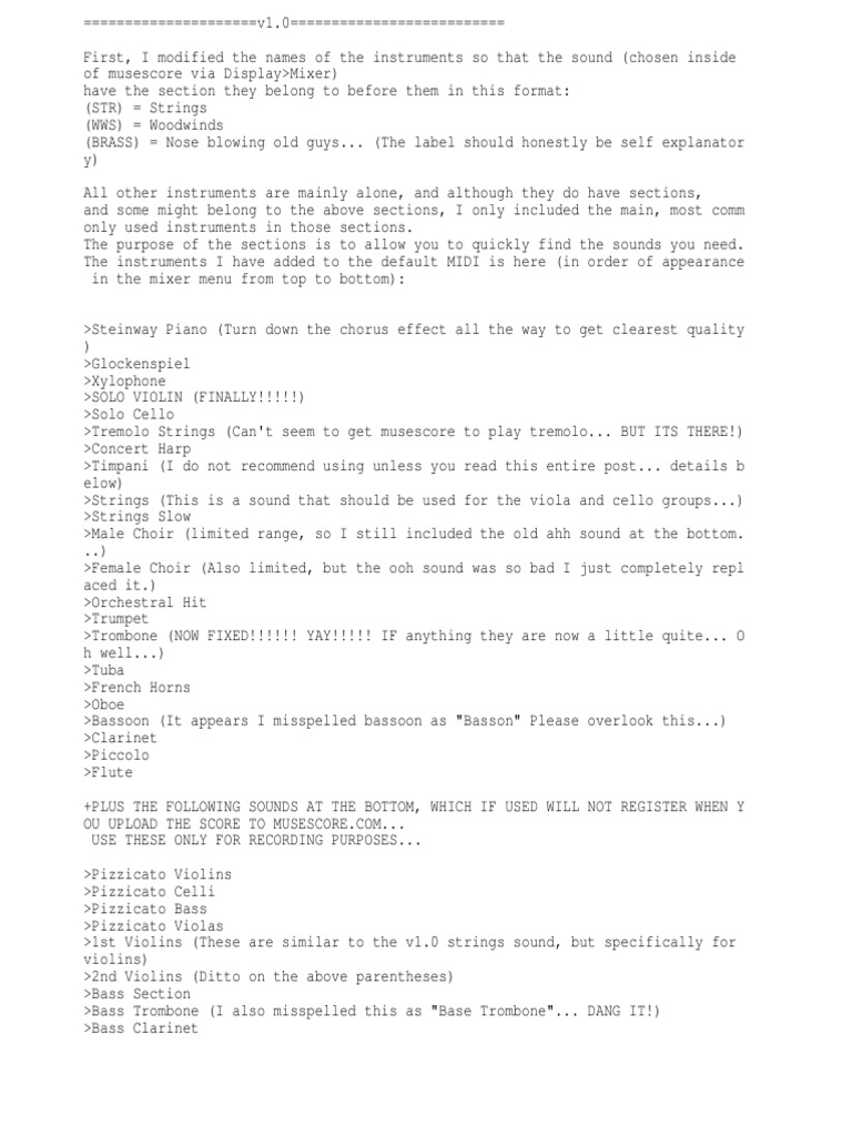 HQ Orchestral Soundfont v3.0 Changelog PDF Drum Kit Bass Guitar