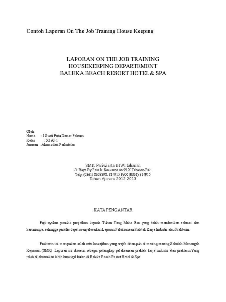 Contoh Laporan on the Job Training House Keeping