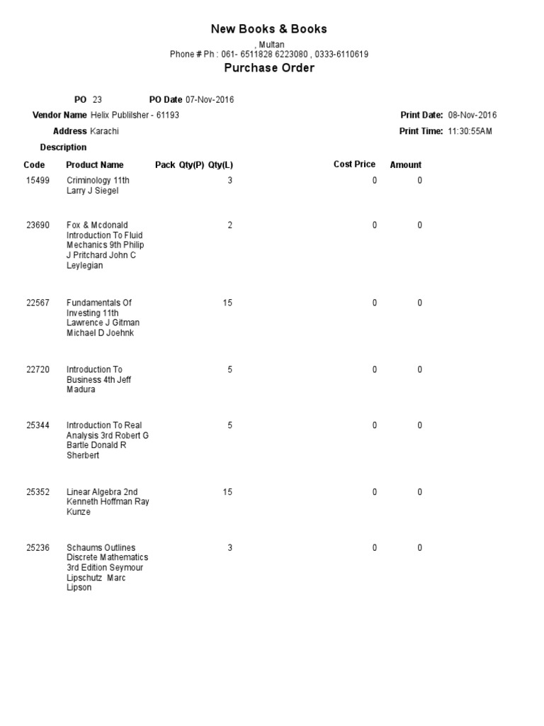 New Books & Books Purchase Order: PO PO Date Vendor Name Address ...
