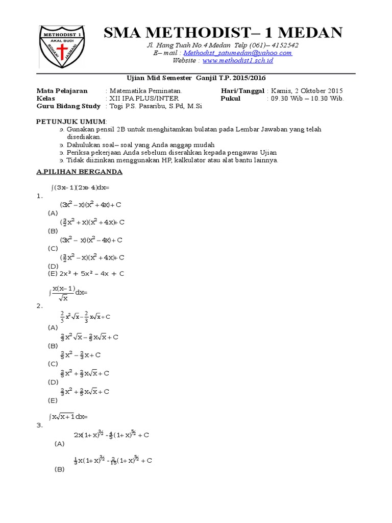 Soal Uts Mat Peminatan Kelas Xii Plus Tp 2015 2016 Edit Pdf