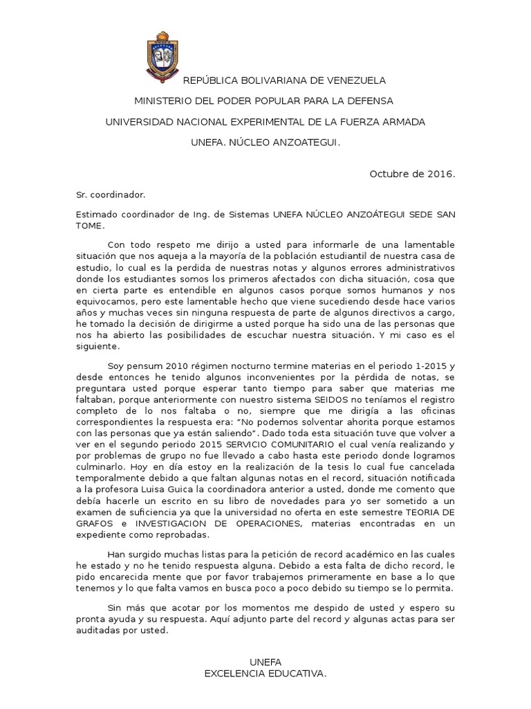 Carta Exposicion de Motivos UNEFA