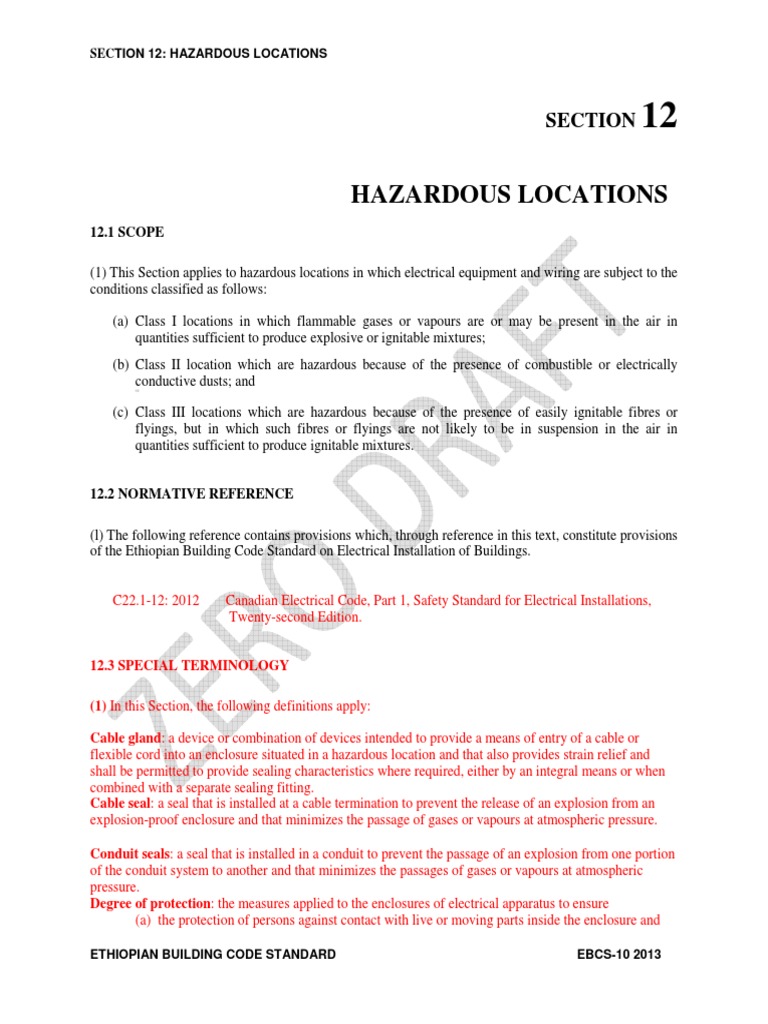 Requirements for Electrical Equipment in Hazardous Locations Classification of Areas, Equipment