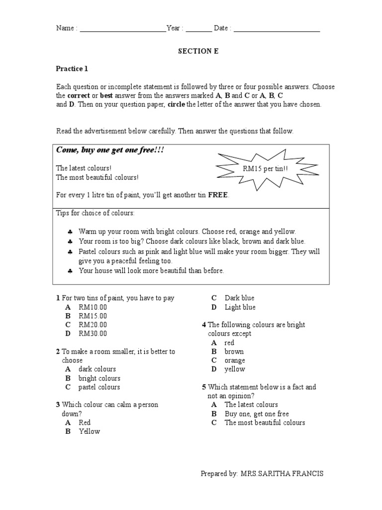 Section E Reading Comprehension | PDF | Treasure | Birthdays