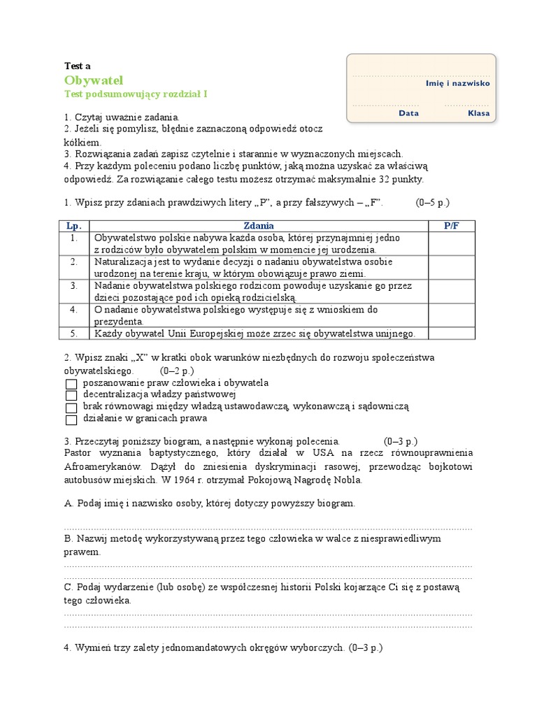 Wos Prawo I Sądy Sprawdzian gr A test wos