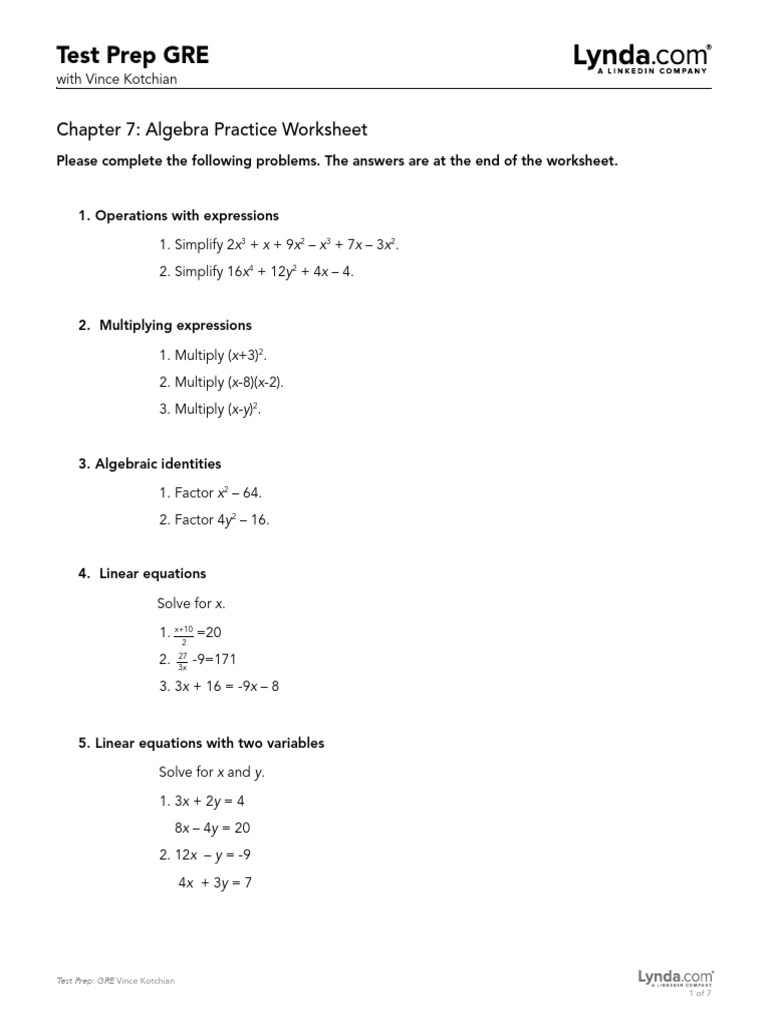 Chapter 7 - Algebra Practice Worksheet | PDF | Equations | Cartesian ...