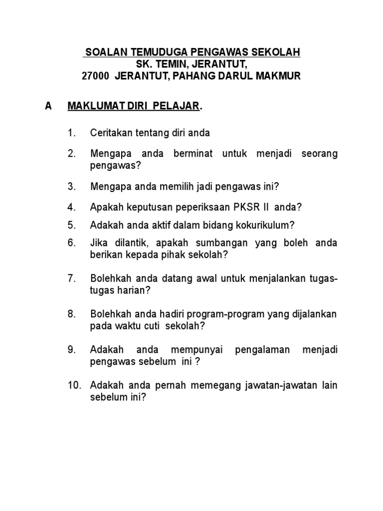 Tips Soalan Temuduga Pengawas Sekolah Pdf