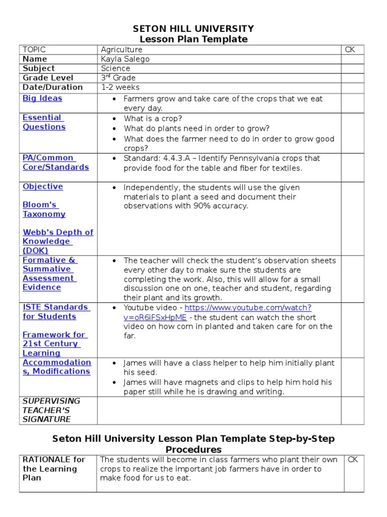 Seton Hill University Lesson Plan Template: Name Subject Grade Level ...