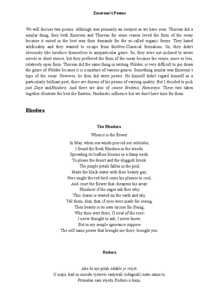 Emersons Rhodora, Days, Brahma, Hamatreya (Poem Analasys) Walden