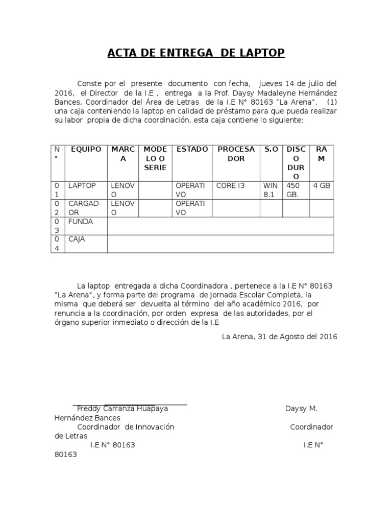 Acta de Entrega de EQUIPOS INFORMATICOS  PDF  Tecnología digital